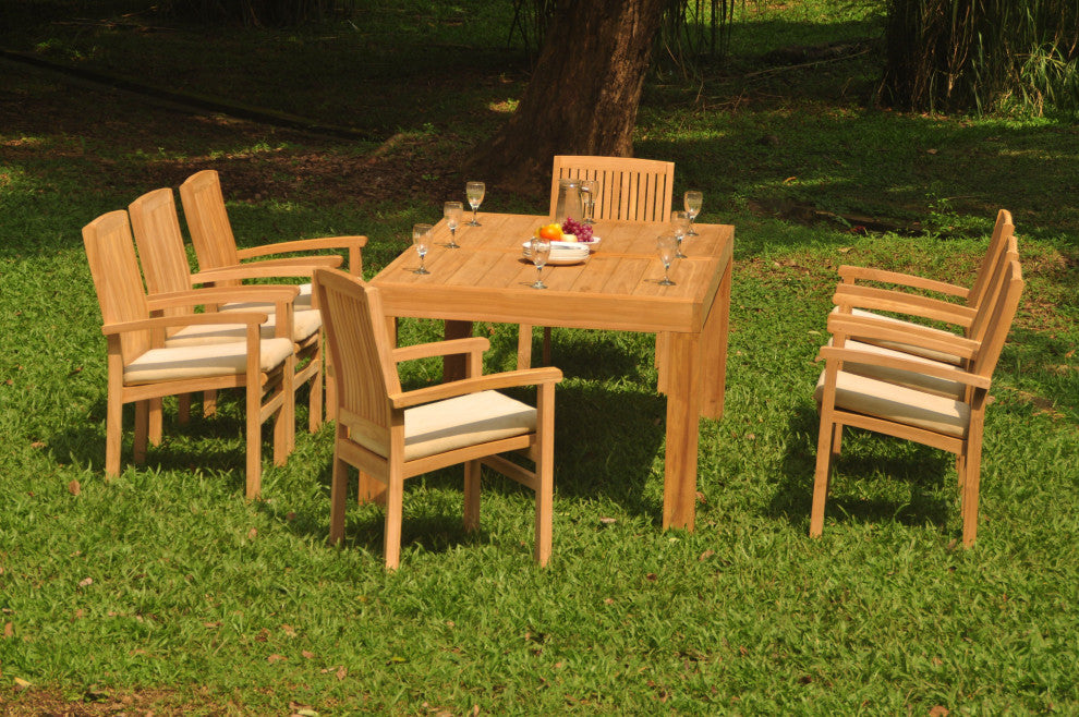 9-Piece Outdoor Teak Dining Set: 86" Rectangle Table, 8 Wave Stacking Arm Chairs