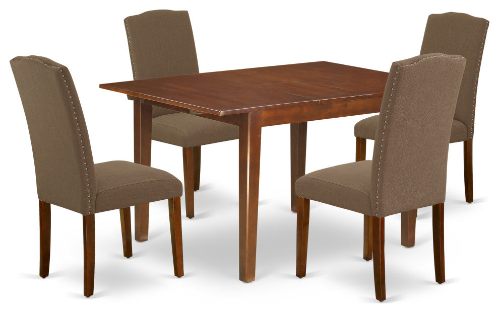 5Pc 42/54" Dining Table, 12" Self Storing Butterfly Leaf, 4 Chair, Dark Coffee