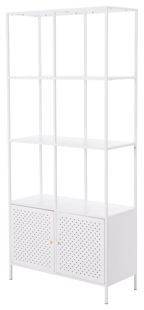 Bookcase Wall Shelf Rack, Steel Metal, White, Gold, Lounge Lobby Hospitality