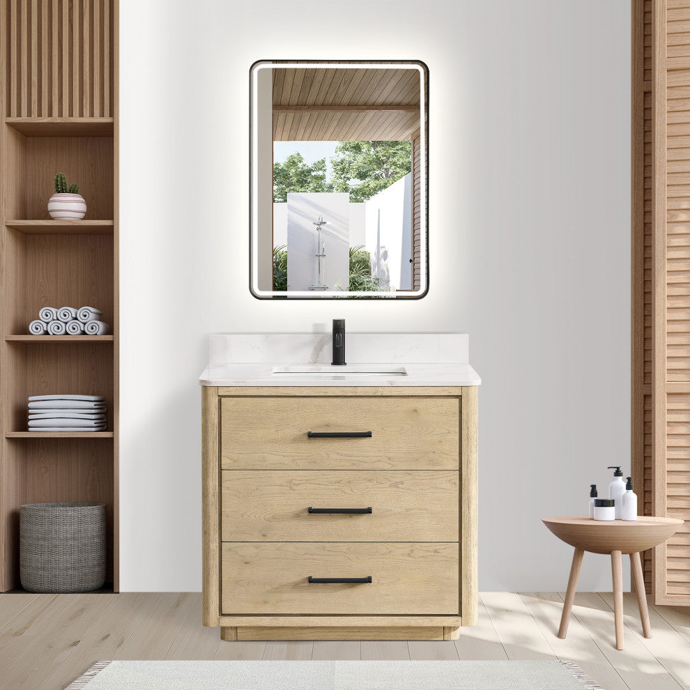 Porto Bath Vanity with White Quartz Stone Top, Natural Oak, 36 in., No Mirror
