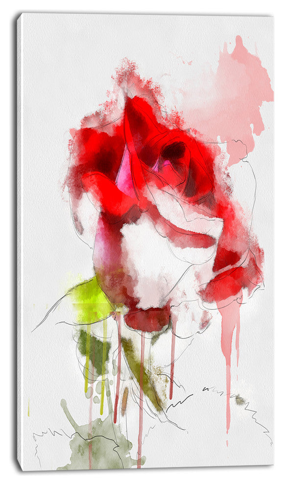 Red Rose Sketch with Red Splashes, Large Floral Canvas Artwork, 16"x32"
