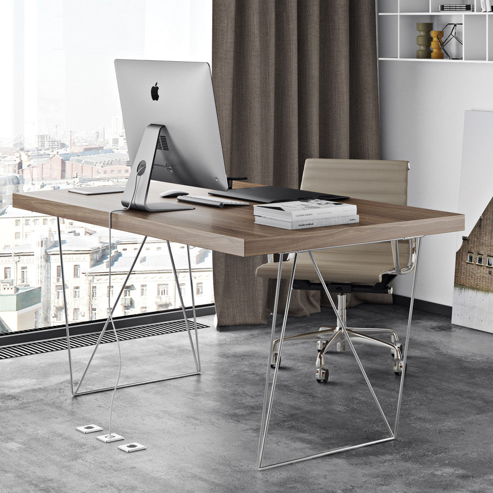 Modern Home Office Wire Leg Desk, Walnut/Chrome