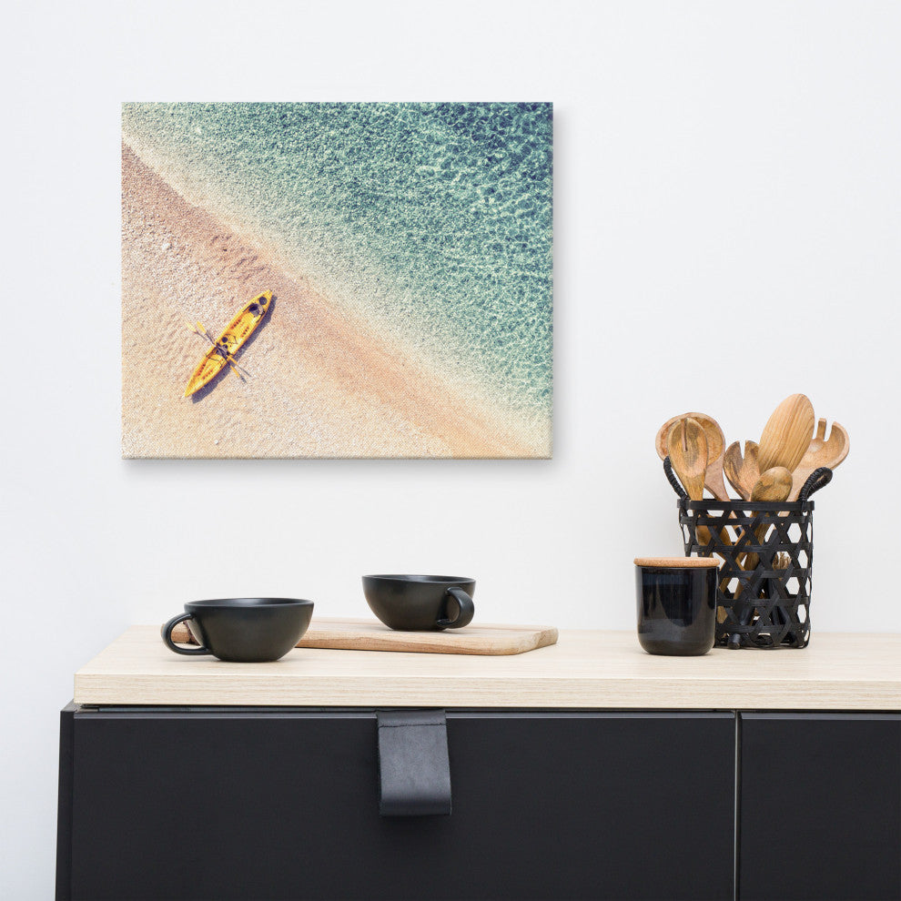 Yellow Canoe and Blue Sea by with Soft Violet Effect Canvas Wall Art Prints, 16" X 20"