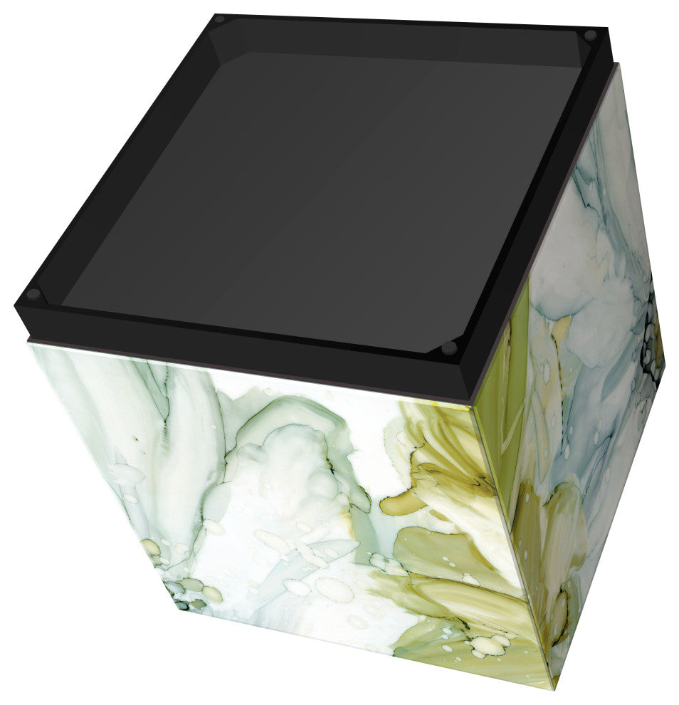 "Seaglass Garden I" Reverse Printed Art Glass Side Table with Black Plinth Base
