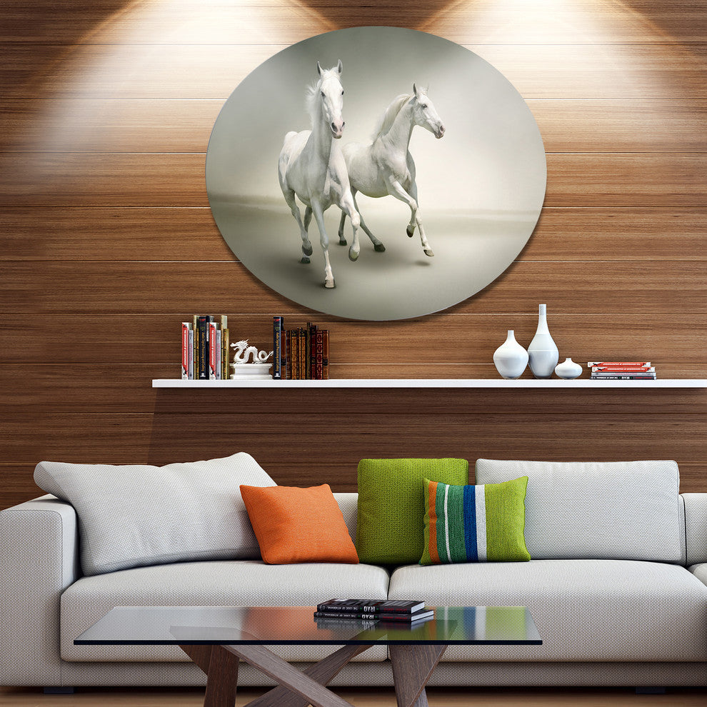 Fast Moving White Horses, Animal Round Wall Art, 23"