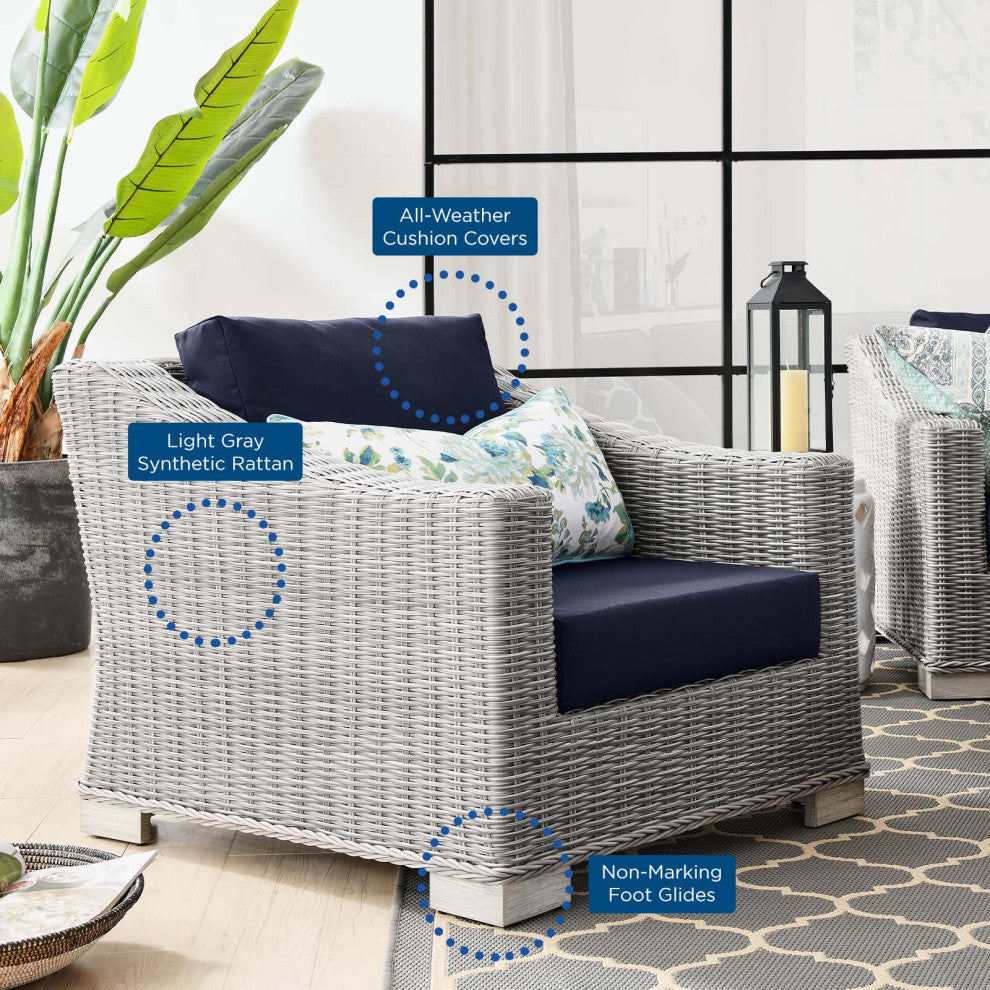 Lounge Sectional Sofa Chair Table Set, Rattan, Gray Blue Navy, Outdoor