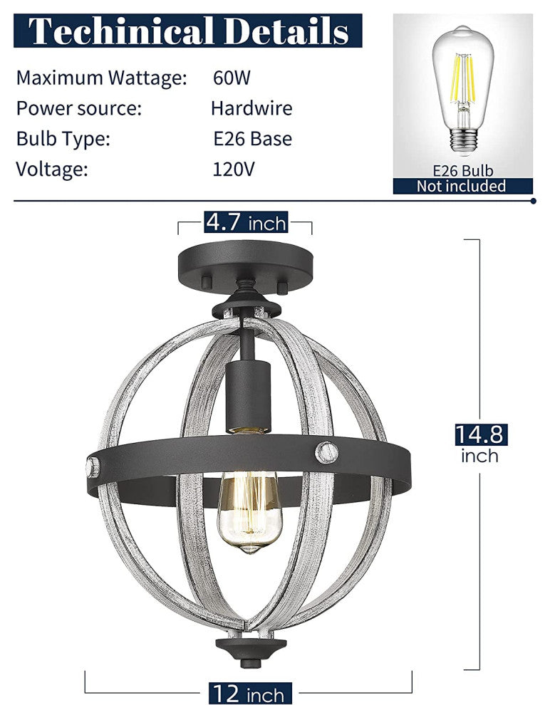 Rust Industrial Flush Mount Ceiling Light Fixture, Globe
