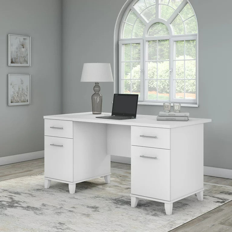 Transitional Desk, Double Pedestal With File & Storage Drawers, White
