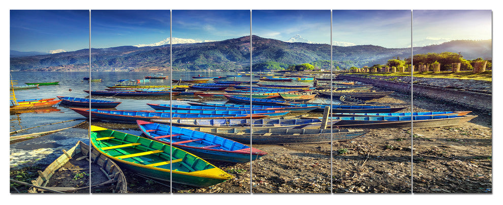 Colorful Boats in Pokhara Lake, Boat Canvas Art Print, 70"x28", 6 Panels