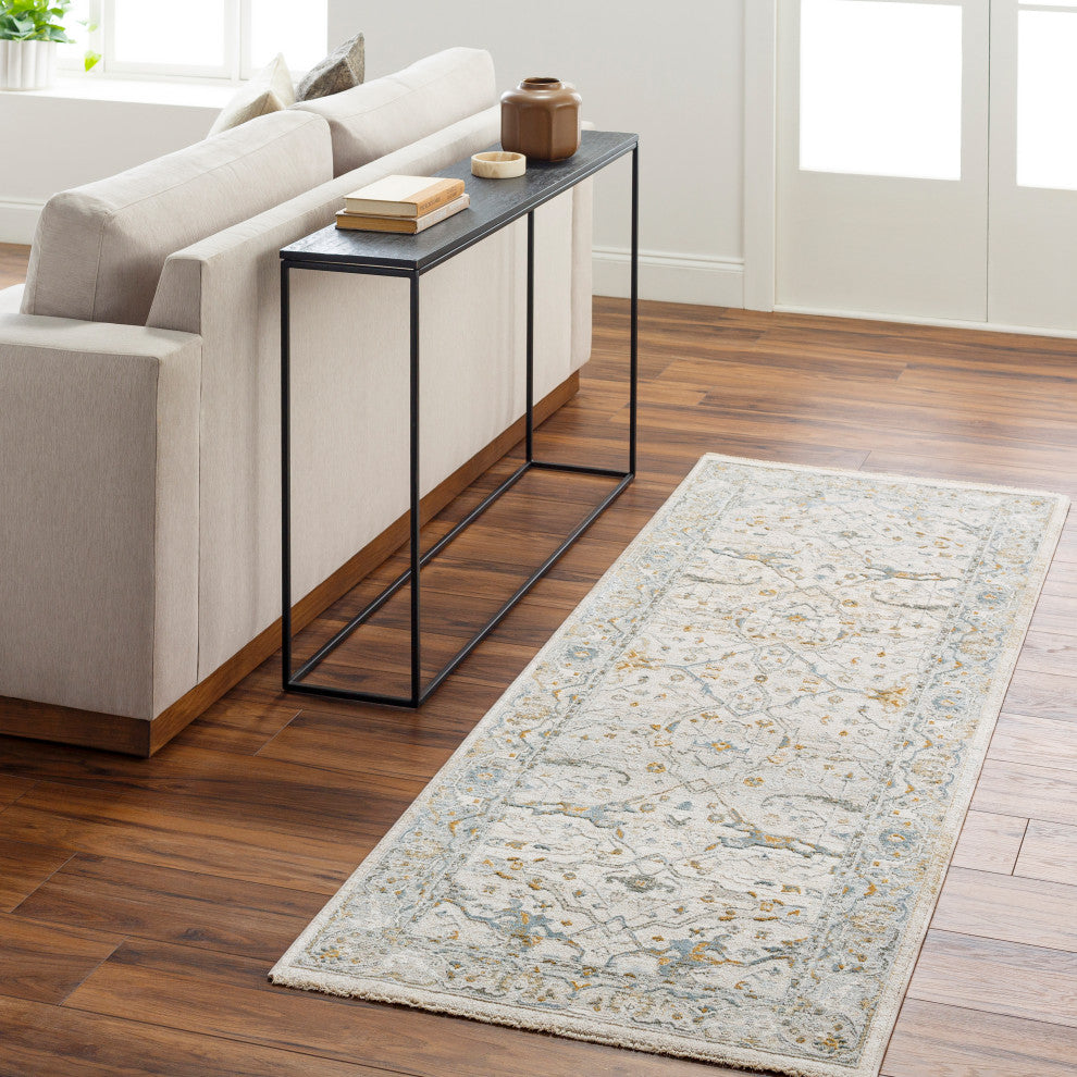 Surya Dresden DRE-2309 Machine Woven Area Rug, Taupe, Off-White, Dusty Sage, Deep Teal, Olive, Light Gray, 2'7" X 7'3"