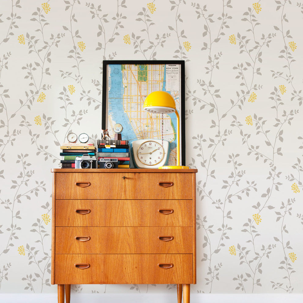 Branch Flower Peel and Stick Vinyl Wallpaper, Light Gray/Yellow, 24"w X 108"h