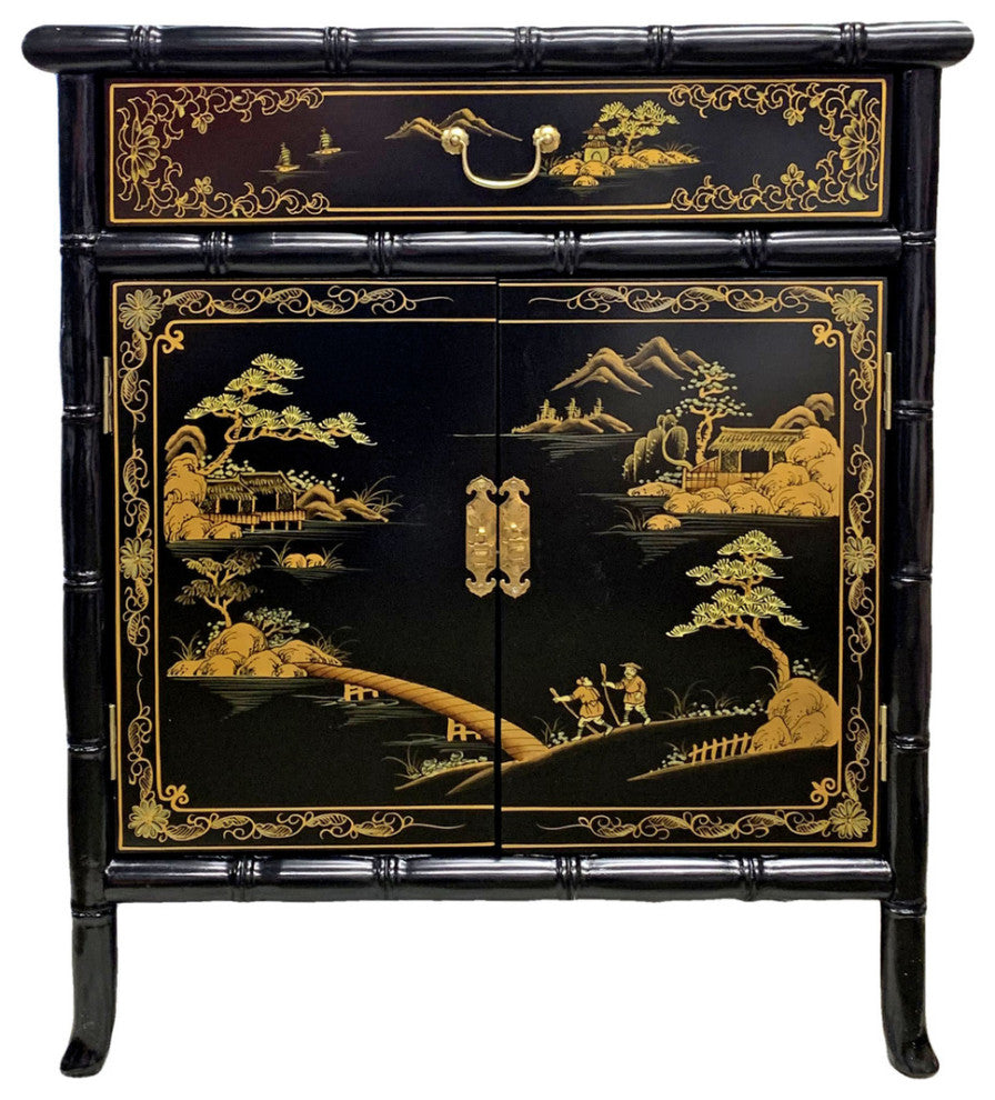 Oriental Bamboo Shoe Cabinet Landscape Painted, 18"