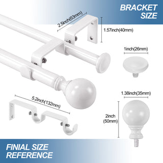 Ball Adjustable Double Curtain Rod Set, 5/8", White, 84"-120"