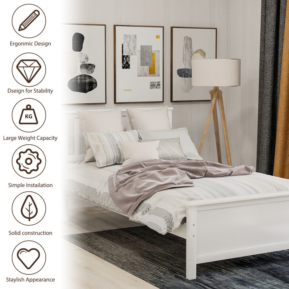 Gewnee Wood Twin Size Platform Bed with Headboard and Footboard in White