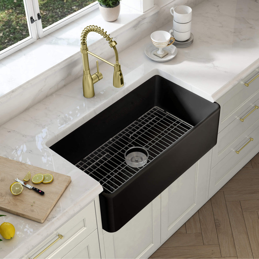 Pure 36" Fireclay Kitchen Farmhouse Apron Front Single Bowl Sink, Matte Black