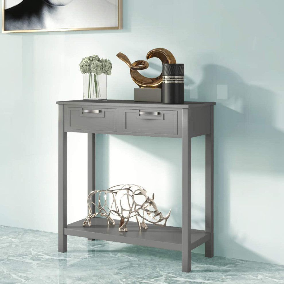 Console Sofa Table with 2 Drawers and Bottom Shelf, Grey