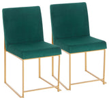 High Back Fuji Dining Chair, Set of 2, Gold Metal, Green  Velvet