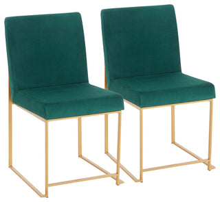 High Back Fuji Dining Chair, Set of 2, Gold Metal, Green  Velvet