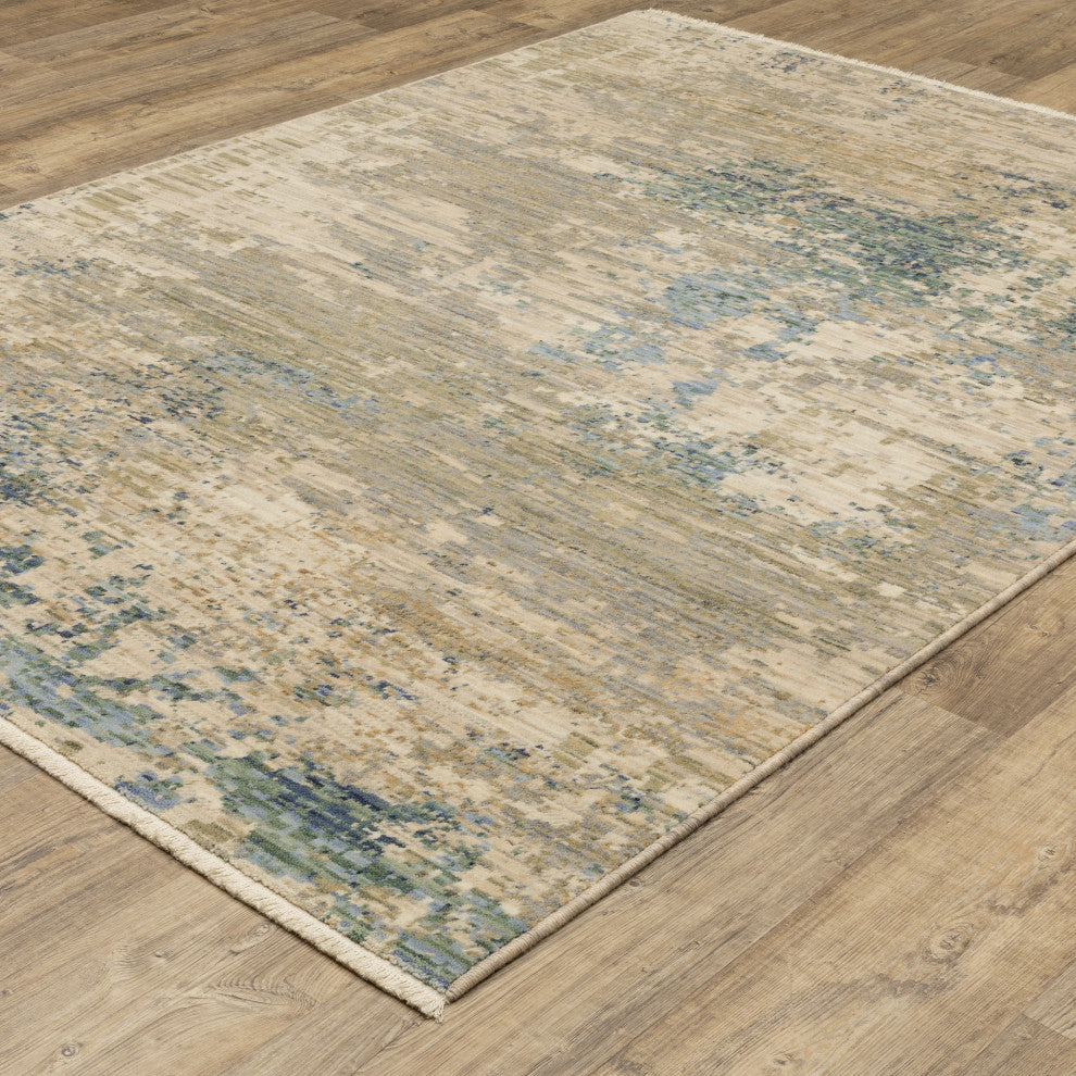 Saturn Modern Abstract Beige/Blue Multi Wool Blend Area Rug 9'10" x 12'10"