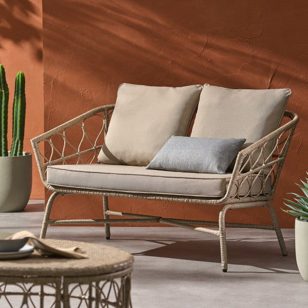 Colmar Outdoor Wicker Loveseat With Cushions, Light Brown and Beige