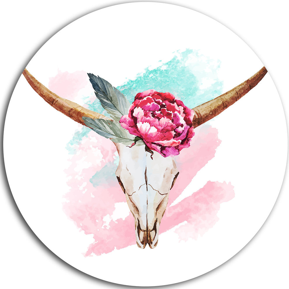 Bull Skull And Flower, Floral Digital Round Wall Art, 23"
