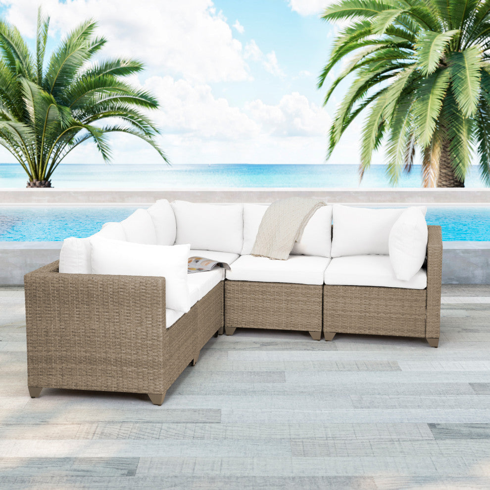 Maui 5-piece Outdoor Modular Conversation Set, 3 Corner Sofa Seats, Linen White
