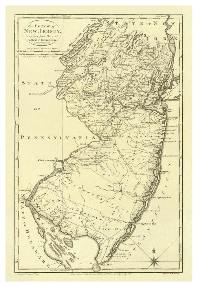 "State of New Jersey, 1795" Digital Paper Print by Mathew Carey, 29"x42"