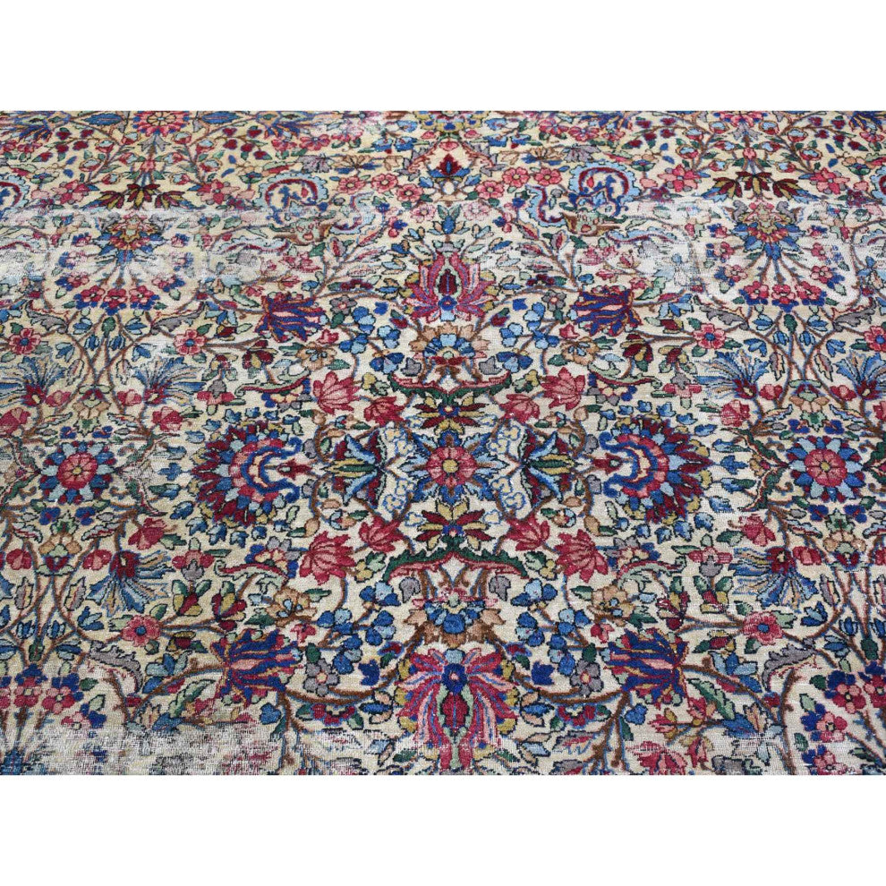 Beige Antique Persian Kerman with Areas of Wear Distressed Clean Rug, 8'9"x11'3"
