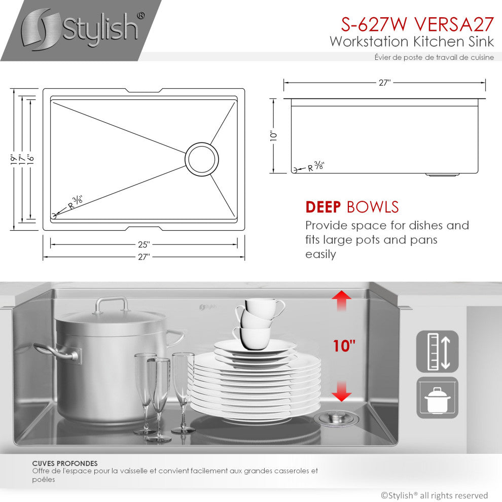 STYLISH 27'' Workstation Single Bowl Undermount 16G Stainless Steel Kitchen Sink