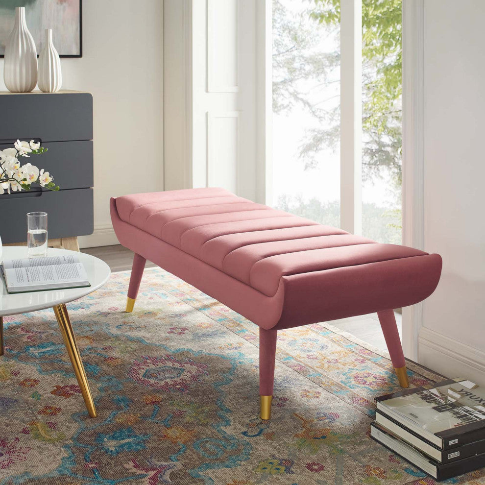Modern Designer Lounge Club Lobby Accent Chair Bench, Velvet Fabric, Pink