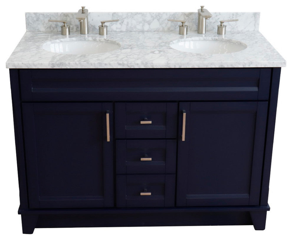 48" Double Sink Vanity, Blue Finish With White Carrara Marble And Oval Sink