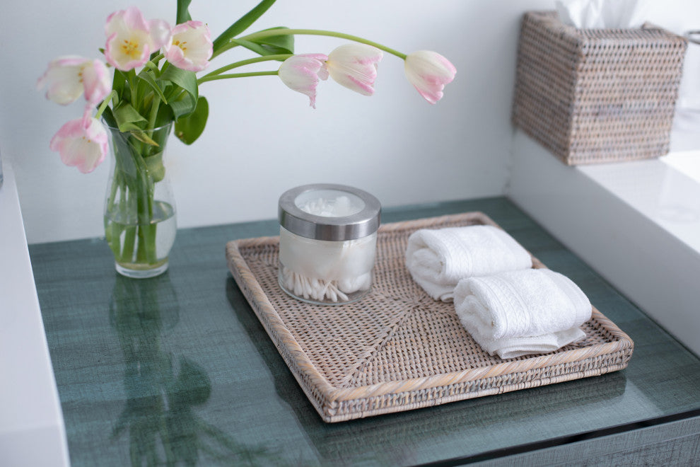 Artifacts Rattan Square Flat Tray, White Wash, 12"x12"x1"
