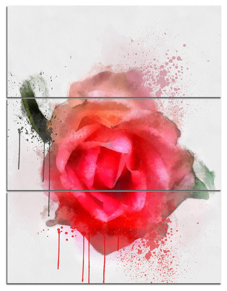 Beautiful Red Rose Watercolor, Floral Triptych Canvas Art Print, 28x36, 3 Panels