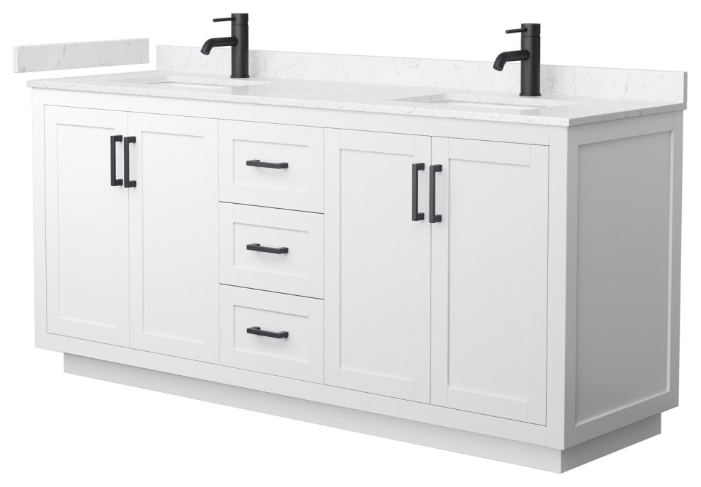 72"DBL Vanity White, Light-Vein Carrara Cult. Marble Top, Sinks, Black Trim