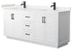 72"DBL Vanity White, Light-Vein Carrara Cult. Marble Top, Sinks, Black Trim