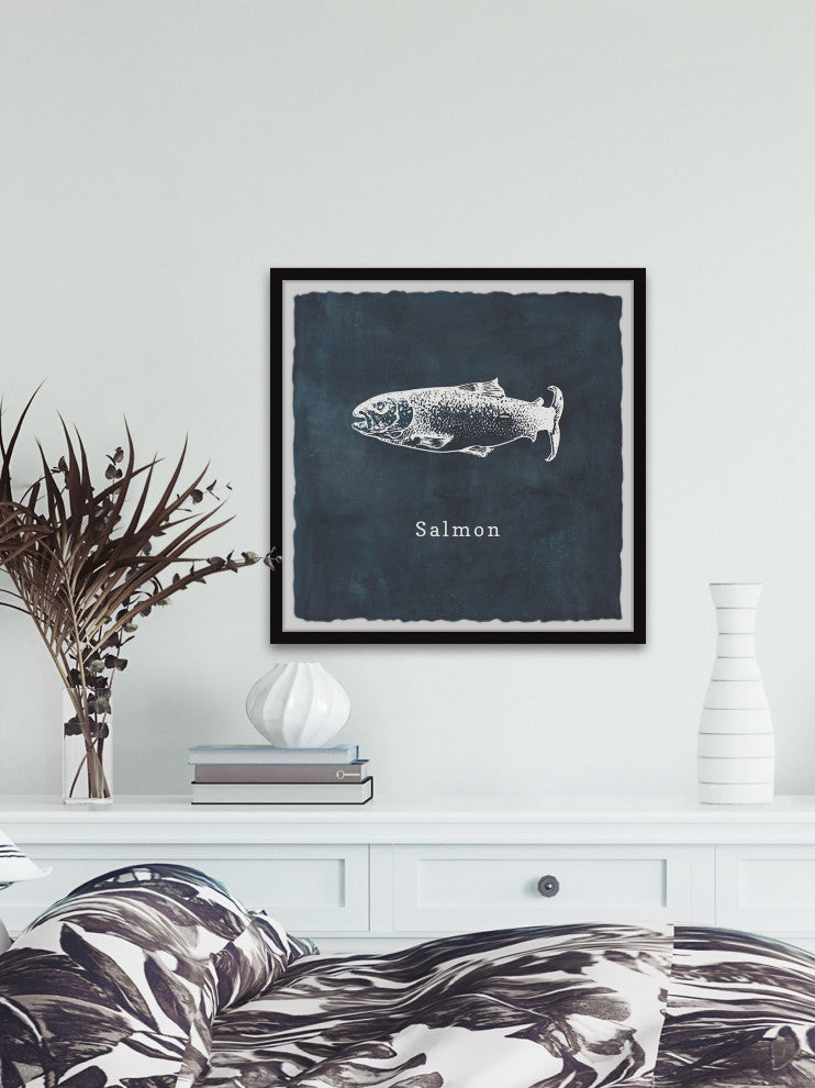 "Salmon in Blue" Framed Painting Print, 18x18