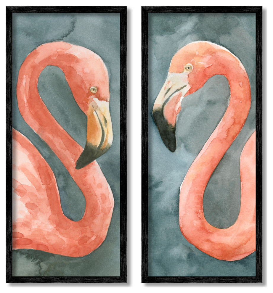 Watercolor Pink Flamingo Pair Watercolor Animal Portrait,10 x 24
