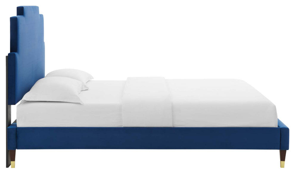 Platform Bed Frame, Queen Size, Velvet, Blue Navy, Modern Contemporary, Bedroom