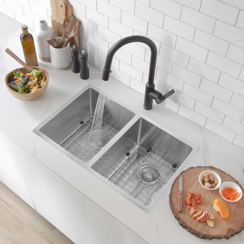 STYLISH 28"L x 18"W Undermount Kitchen Sink Double Bowl with Grids and Strainers