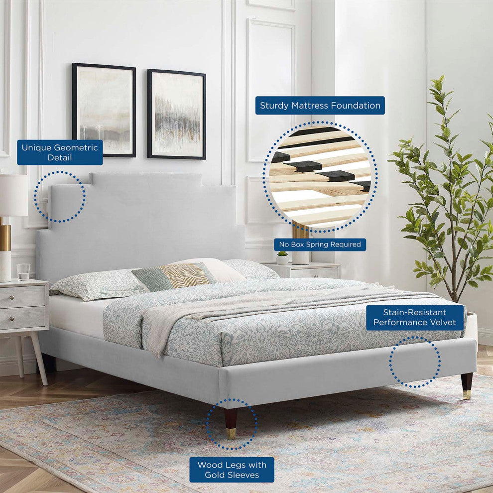 Platform Bed Frame, Queen Size, Velvet, Light Gray, Modern Contemporary