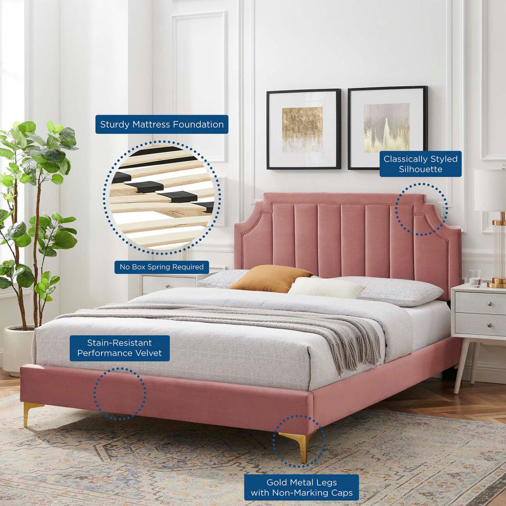 Platform Bed Frame, King Size, Velvet, Pink, Modern Contemporary, Bedroom Master