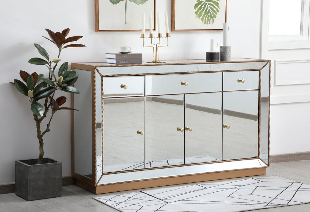 Elegant MF53001G 60"Mirrored Credenza, Antique Gold