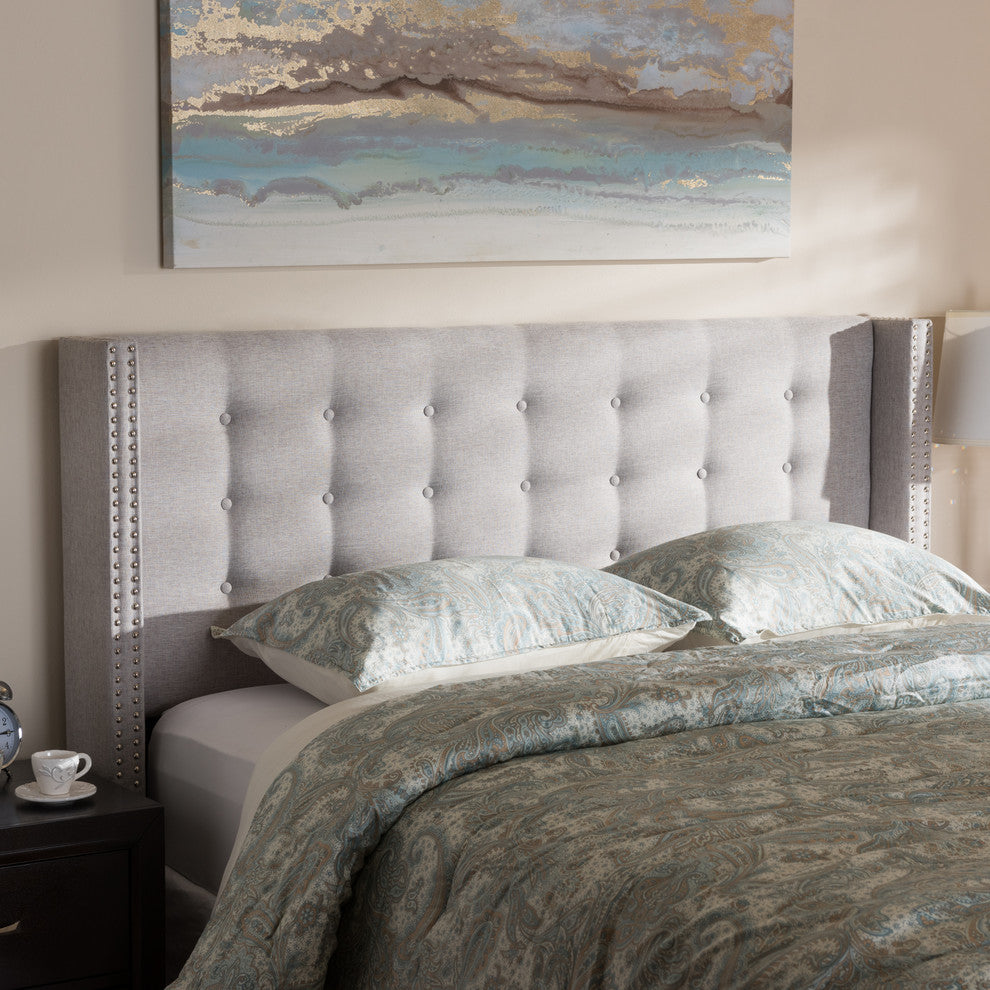 Ginaro Grayish Beige Fabric Button-Tufted Nail Head King Size Winged Headboard