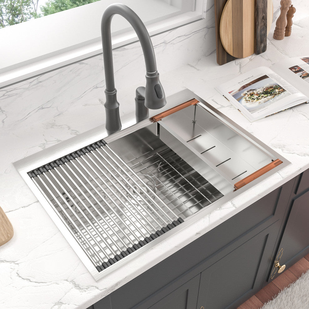 Workstation Drop-In 16 Gauge Stainless Steel Single Bowl Kitchen Sink, 30x22x10 in