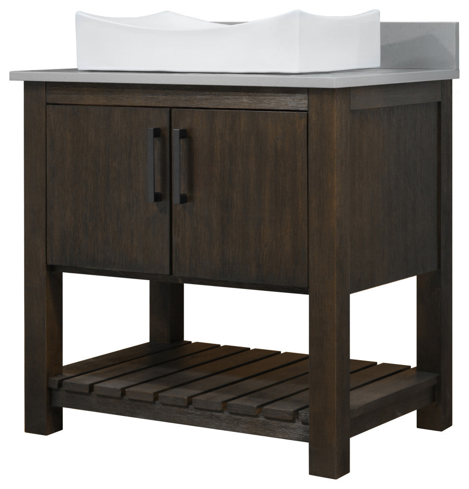30" Vanity, Smoke Grey Quartz Top, Backsplash, Sink, Drain, and P-Trap, Matte Black, Mirror Included