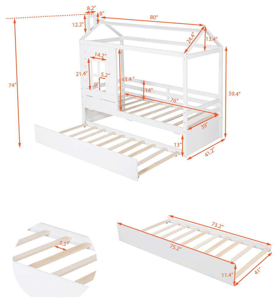 Gewnee Wood Twin House Bed with Twin Size Trundle in White