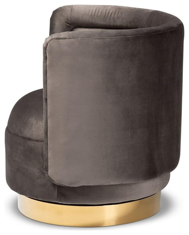 Baxton Studio Saffi Gray Velvet Upholstered Gold Finished Swivel Accent Chair