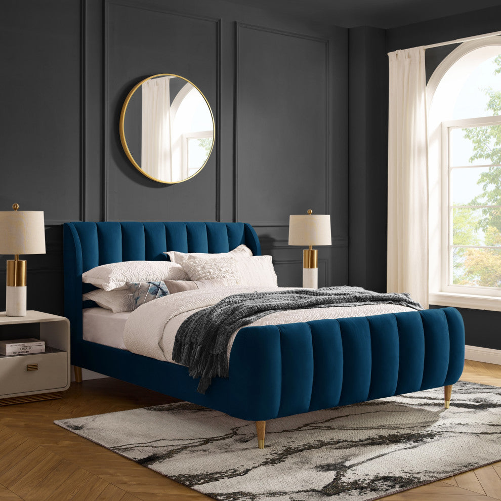 Loft Lyfe Eliyahu Bed Upholstered, Navy Velvet Queen