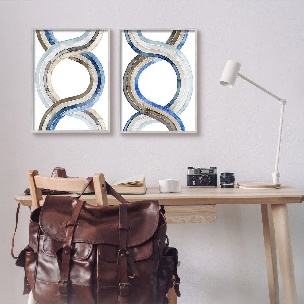 Two Dimensional Spiral Helix Brown Blue Abstract Lines,2pc, each 16 x 20