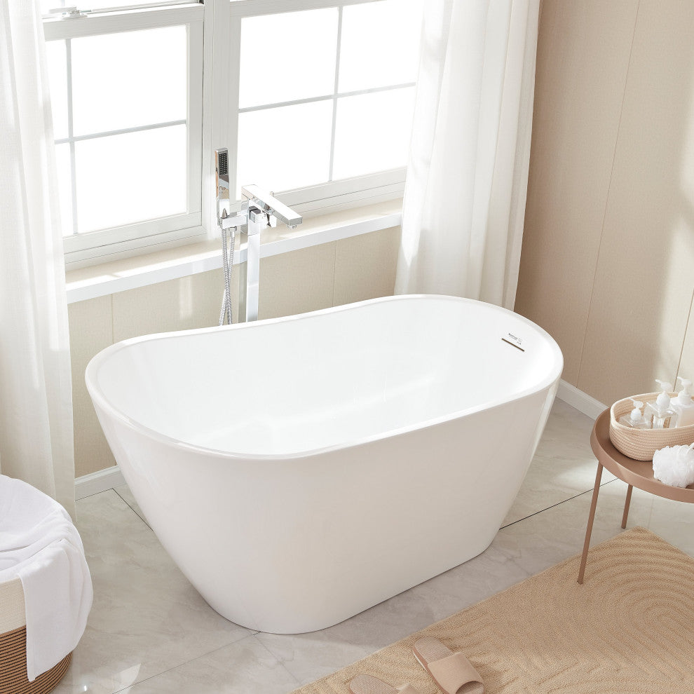 Vanity Art Freestanding Acrylic Soaking Bathtub, White/Integrated Overflow, 55"